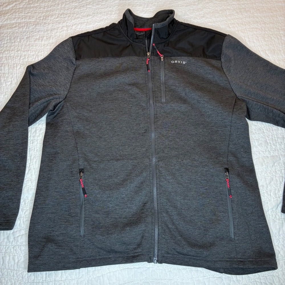Orvis Full Zip Bonded Mesh Fleece Jacket Mens XL Gray Black Outdoor Mock Neck